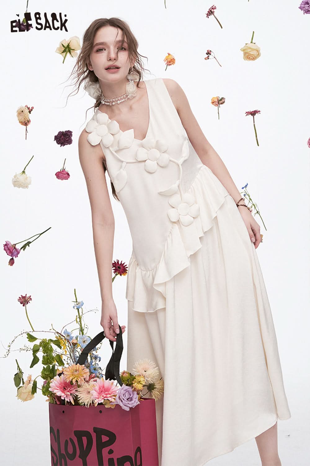 ELFSACK Vacation Elegant White Flower Sleeveless V-Neck Dress
