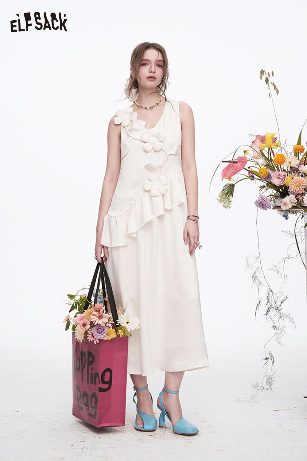ELFSACK Vacation Elegant White Flower Sleeveless V-Neck Dress