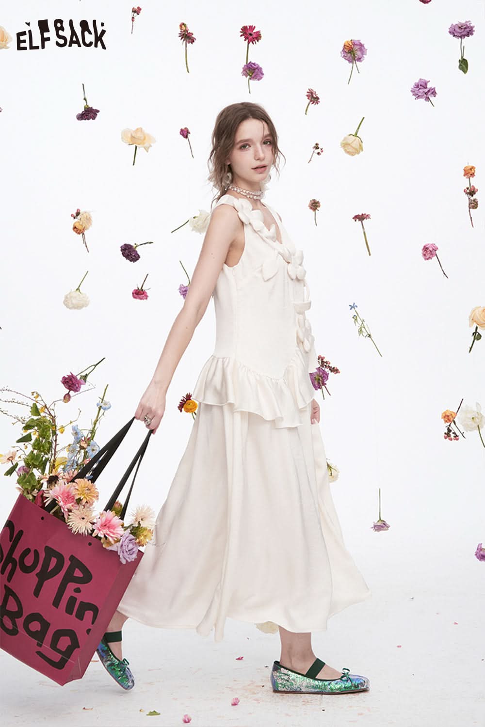 ELFSACK Vacation Elegant White Flower Sleeveless V-Neck Dress