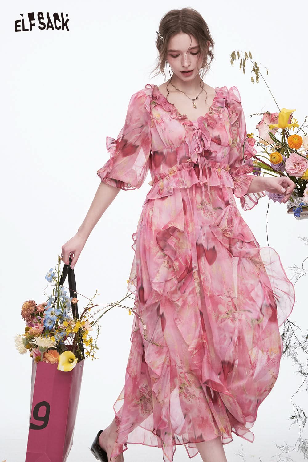ELFSACK Y2K Vacation V-neck Ruffles Floral Dress Women's Elegant Long Chiffon Skirt