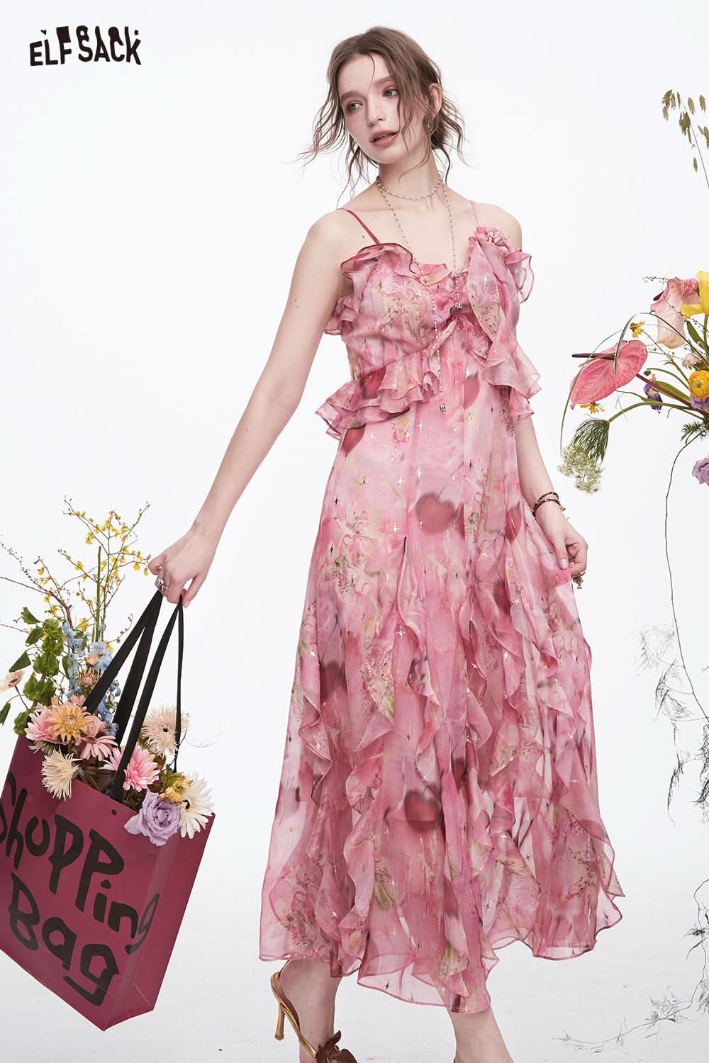 ELFSACK Y2K Floral Irregular Strap Dresses Women Sweet Vacation Ruffles Sleeveless Dress