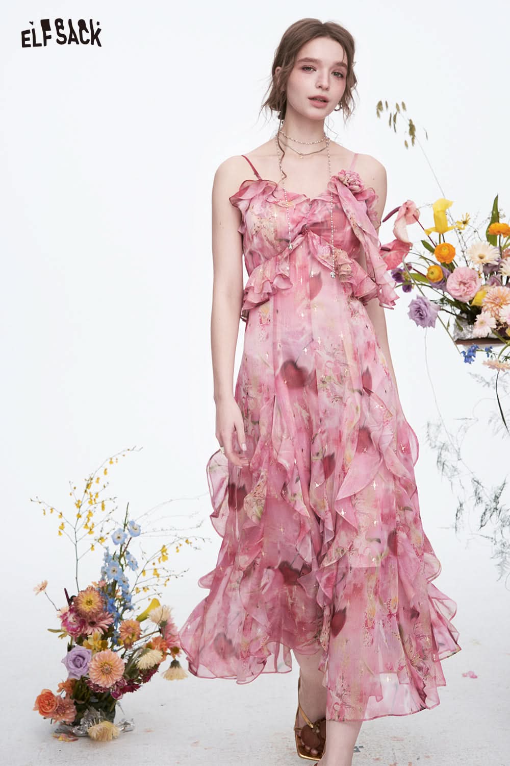 ELFSACK Y2K Floral Irregular Strap Dresses Women Sweet Vacation Ruffles Sleeveless Dress