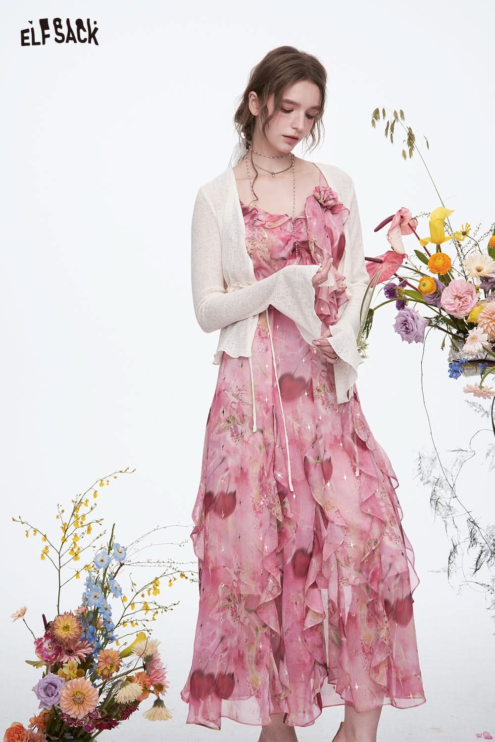 ELFSACK Y2K Floral Irregular Strap Dresses Women Sweet Vacation Ruffles Sleeveless Dress