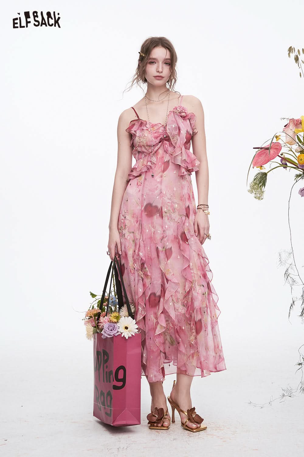 ELFSACK Y2K Floral Irregular Strap Dresses Women Sweet Vacation Ruffles Sleeveless Dress