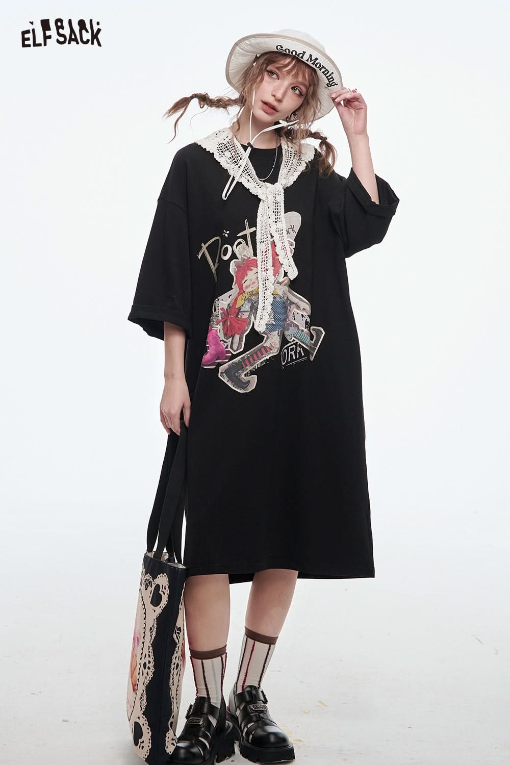 ELFSACK Women's Loose Vacation Dress Cartoon Girl Print Lace O-neck T-shirt Dress