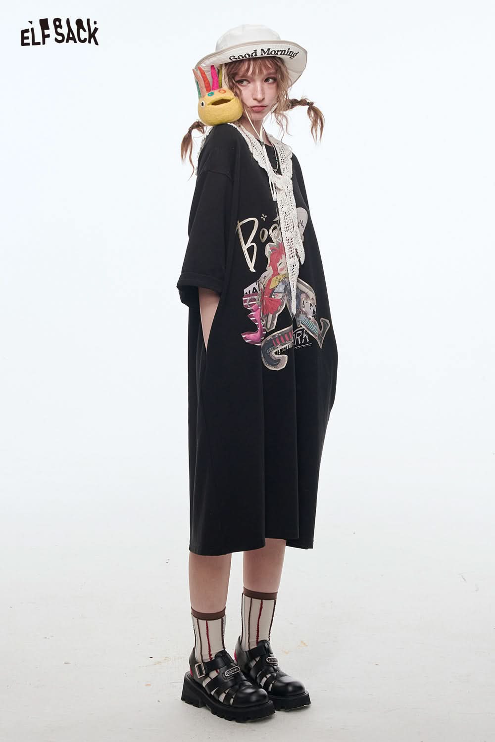 ELFSACK Women's Loose Vacation Dress Cartoon Girl Print Lace O-neck T-shirt Dress