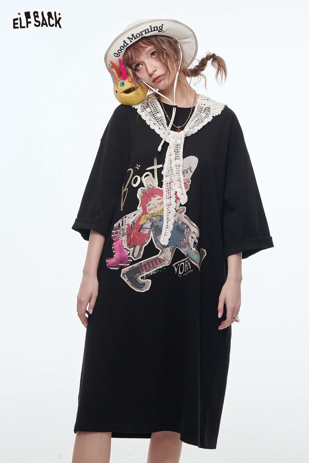 ELFSACK Women's Loose Vacation Dress Cartoon Girl Print Lace O-neck T-shirt Dress