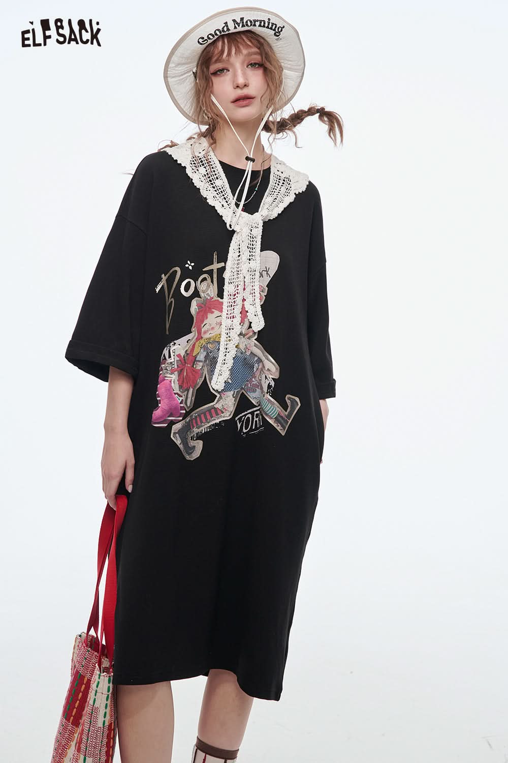 ELFSACK Women's Loose Vacation Dress Cartoon Girl Print Lace O-neck T-shirt Dress