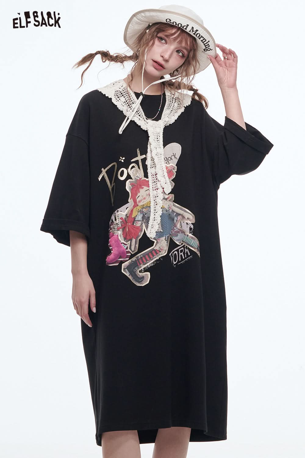 ELFSACK Women's Loose Vacation Dress Cartoon Girl Print Lace O-neck T-shirt Dress