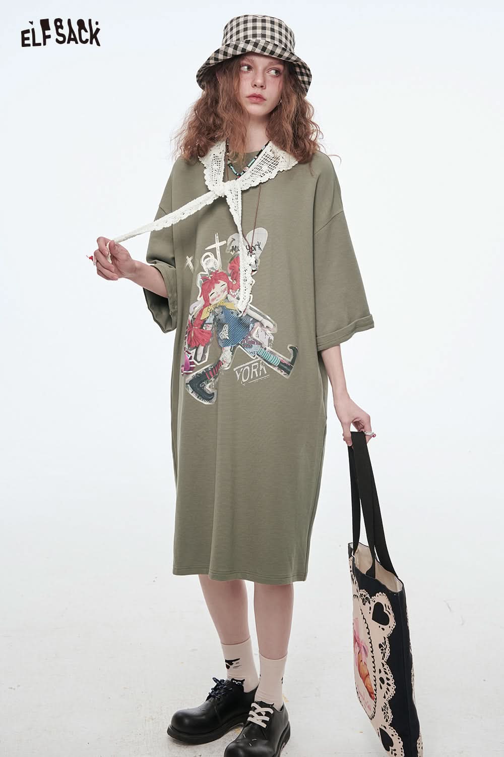 ELFSACK Women's Loose Vacation Dress Cartoon Girl Print Lace O-neck T-shirt Dress