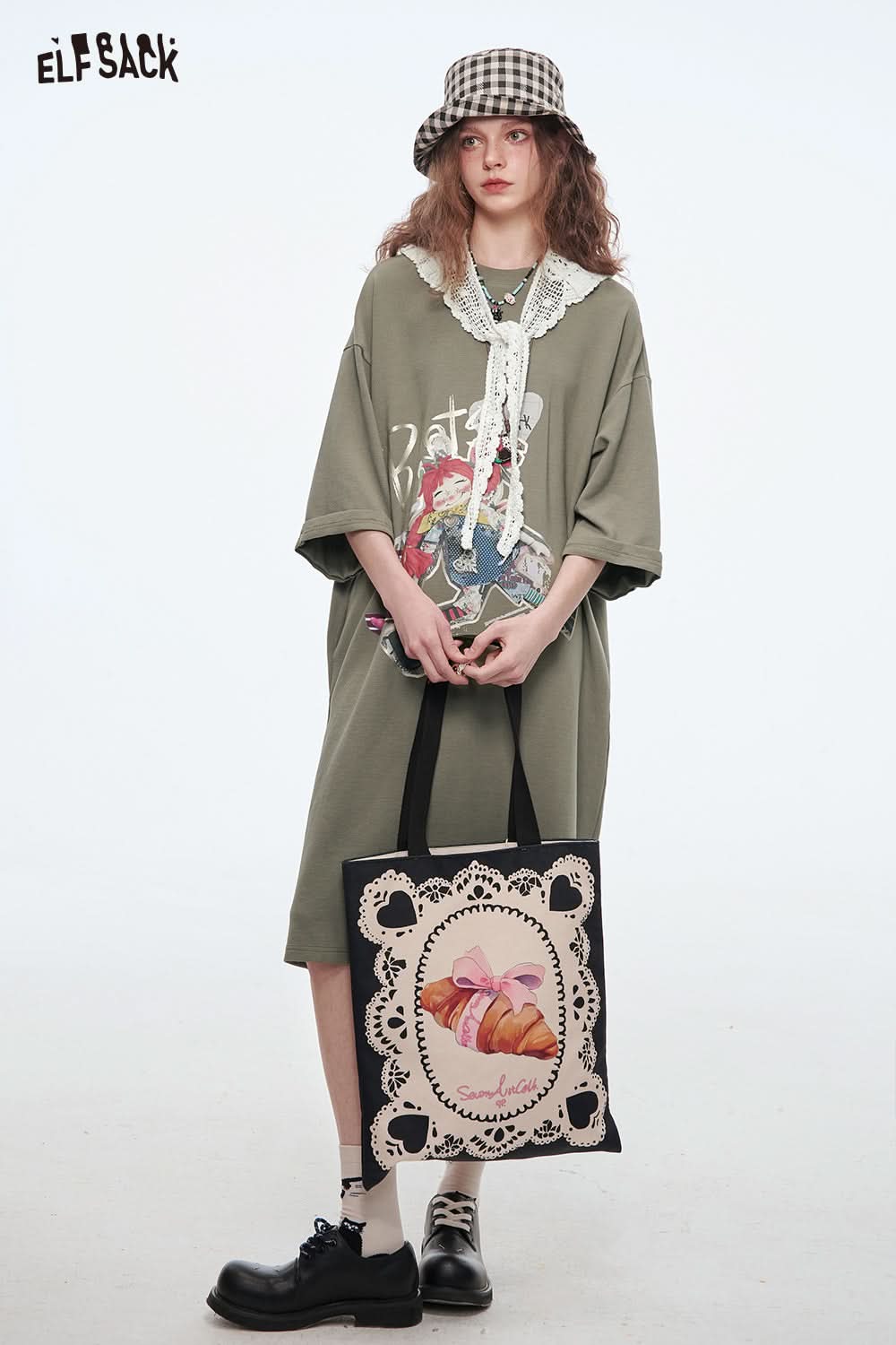 ELFSACK Women's Loose Vacation Dress Cartoon Girl Print Lace O-neck T-shirt Dress