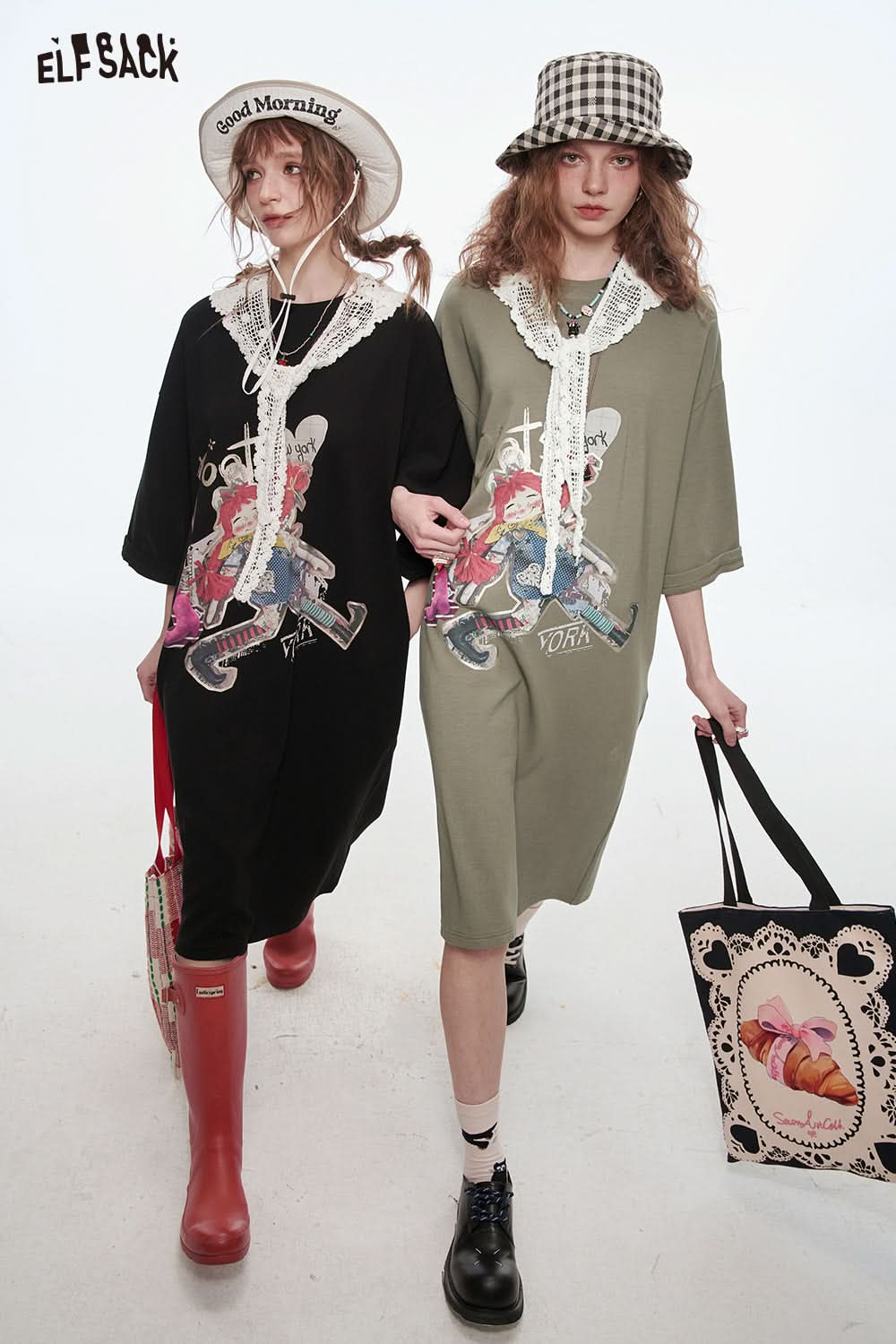 ELFSACK Women's Loose Vacation Dress Cartoon Girl Print Lace O-neck T-shirt Dress