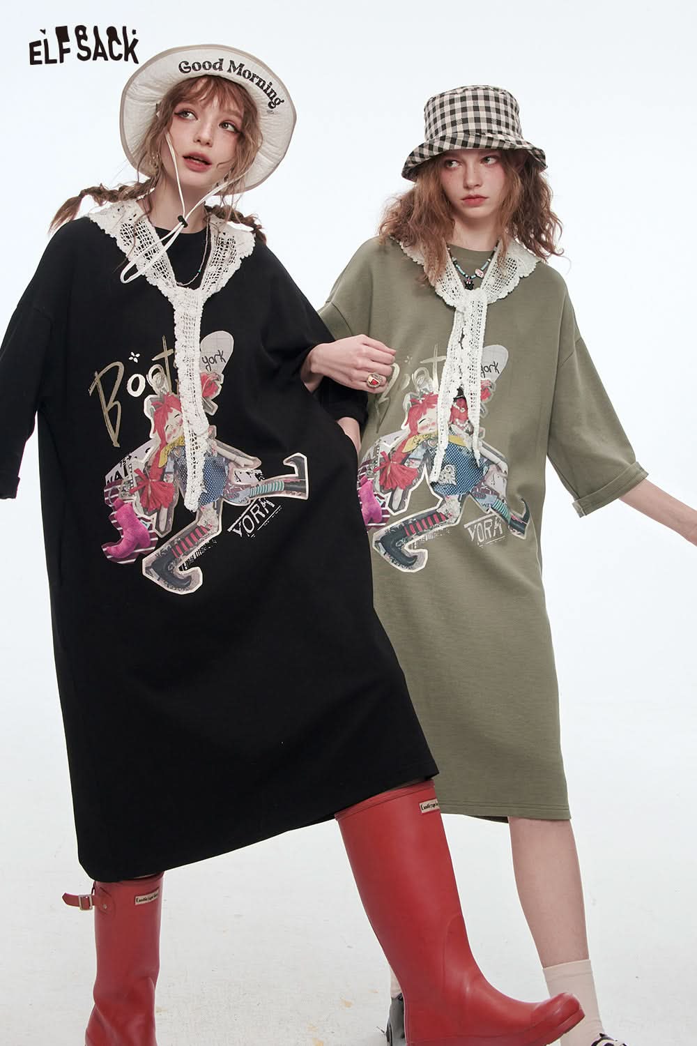 ELFSACK Women's Loose Vacation Dress Cartoon Girl Print Lace O-neck T-shirt Dress