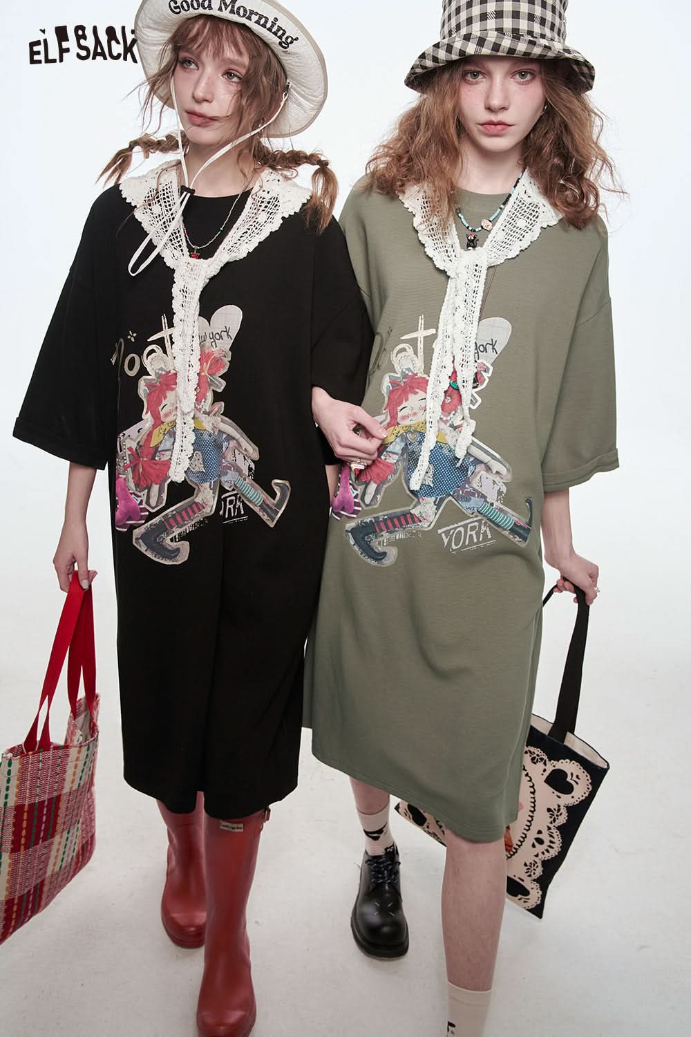 ELFSACK Women's Loose Vacation Dress Cartoon Girl Print Lace O-neck T-shirt Dress