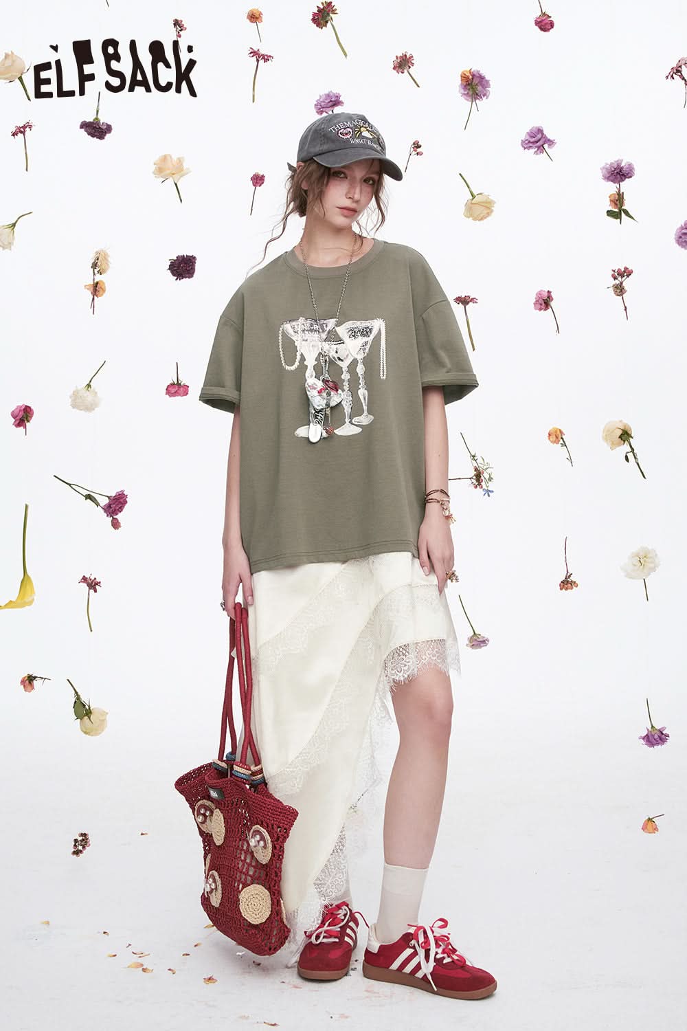 ELFSACK Casual Two-piece Set Female Y2K Print Short Sleeve T-Shirt Lace Stitching Sling Dress