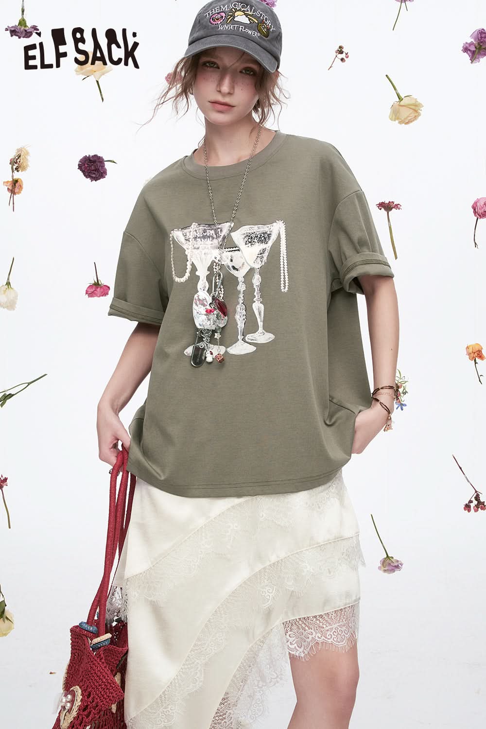 ELFSACK Casual Two-piece Set Female Y2K Print Short Sleeve T-Shirt Lace Stitching Sling Dress