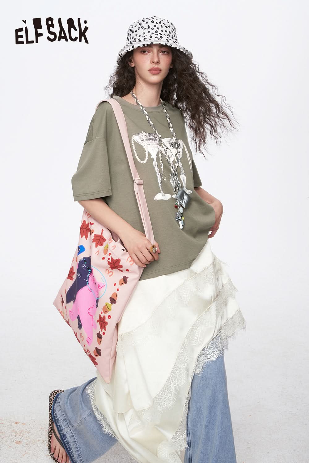 ELFSACK Casual Two-piece Set Female Y2K Print Short Sleeve T-Shirt Lace Stitching Sling Dress