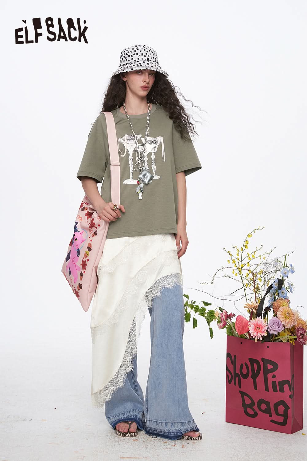 ELFSACK Casual Two-piece Set Female Y2K Print Short Sleeve T-Shirt Lace Stitching Sling Dress