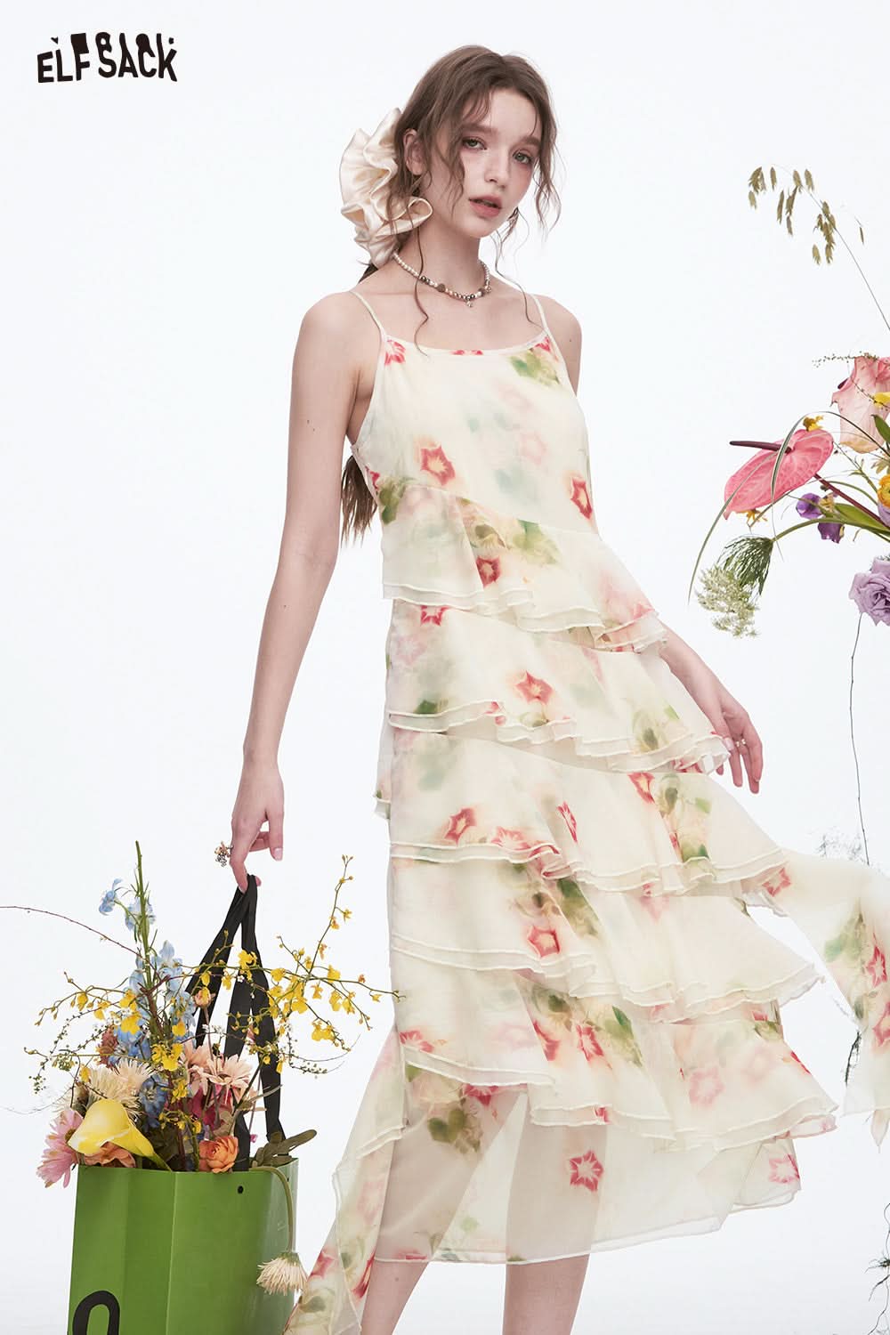 ELFSACK Y2K White Floral Sleeveless Dress Women Irregular Chiffon Long Sling Dress