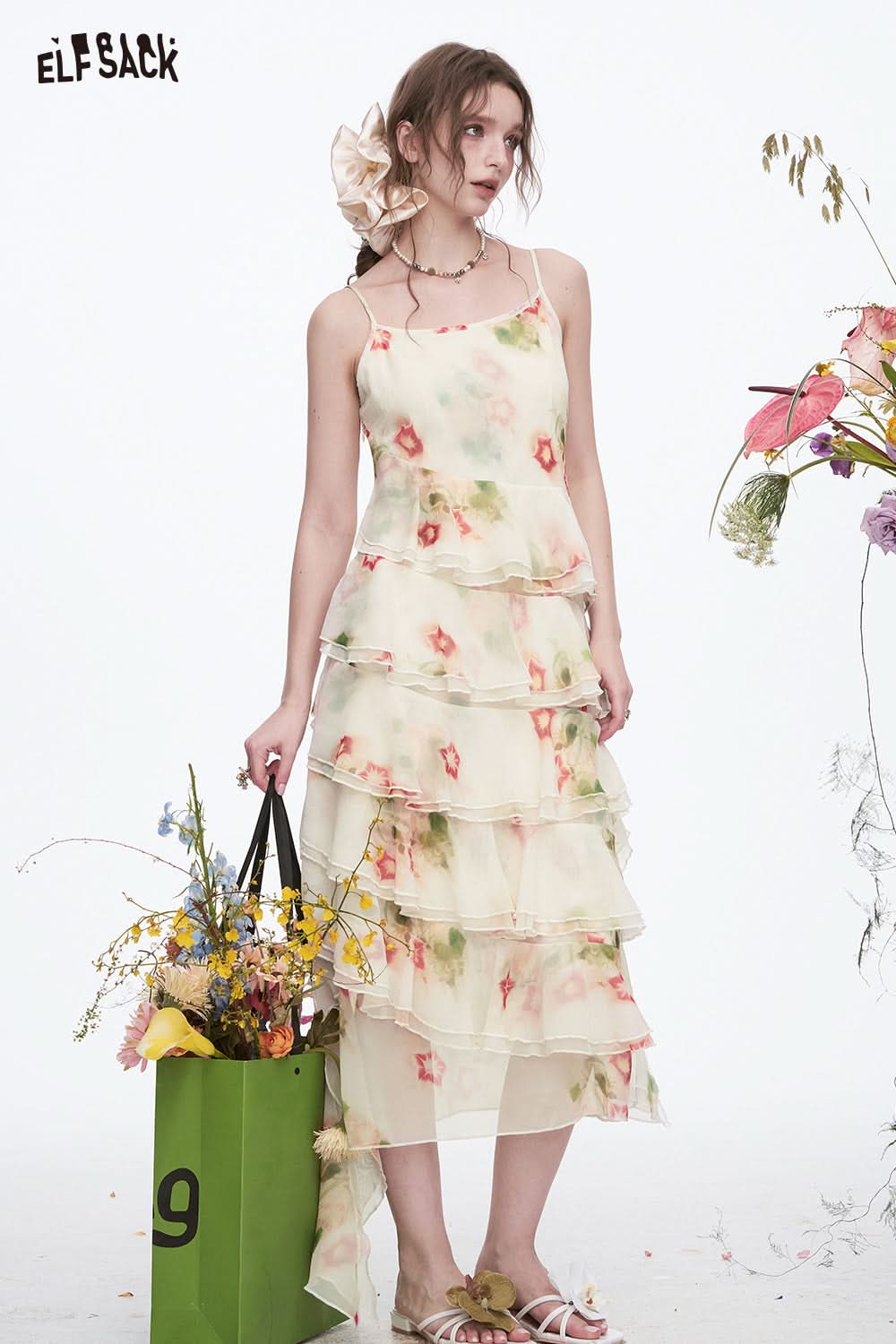 ELFSACK Y2K White Floral Sleeveless Dress Women Irregular Chiffon Long Sling Dress