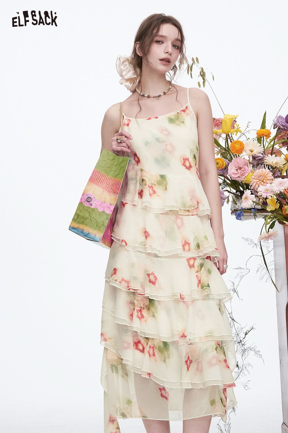 ELFSACK Y2K White Floral Sleeveless Dress Women Irregular Chiffon Long Sling Dress