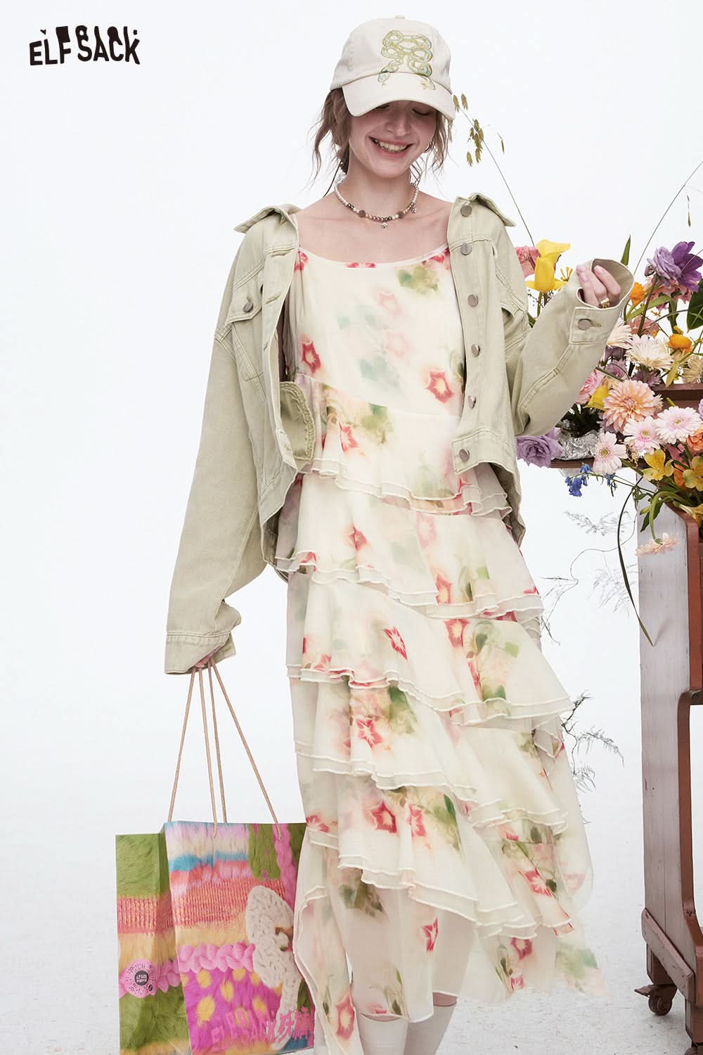 ELFSACK Y2K White Floral Sleeveless Dress Women Irregular Chiffon Long Sling Dress