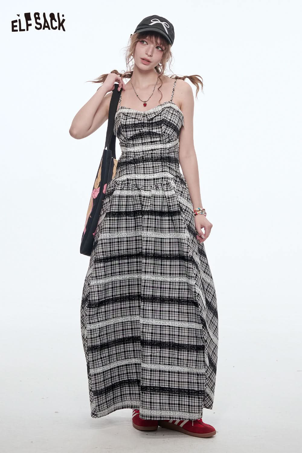 ELFSACK Casual Plaid Lace Splicing Suspender Dress Women Elegant Sleeveless Midi Dresses