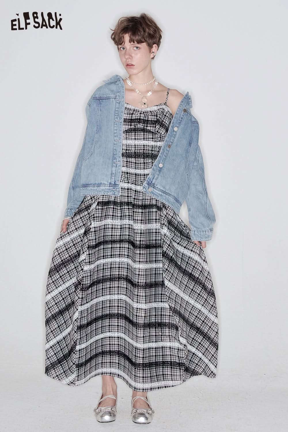 ELFSACK Casual Plaid Lace Splicing Suspender Dress Women Elegant Sleeveless Midi Dresses