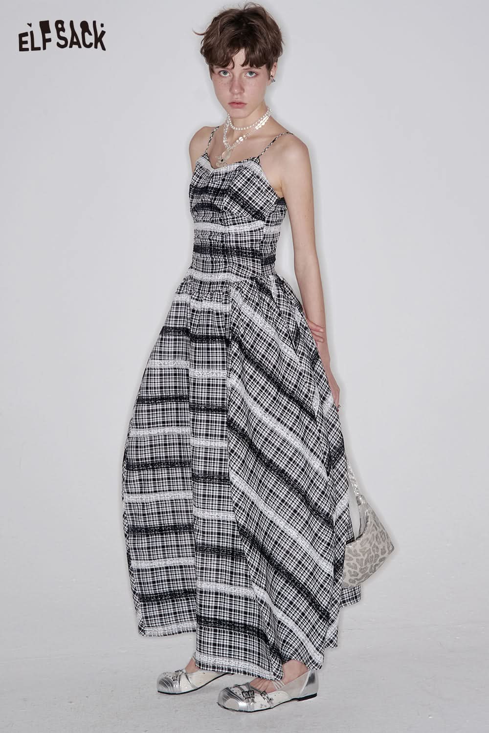 ELFSACK Casual Plaid Lace Splicing Suspender Dress Women Elegant Sleeveless Midi Dresses