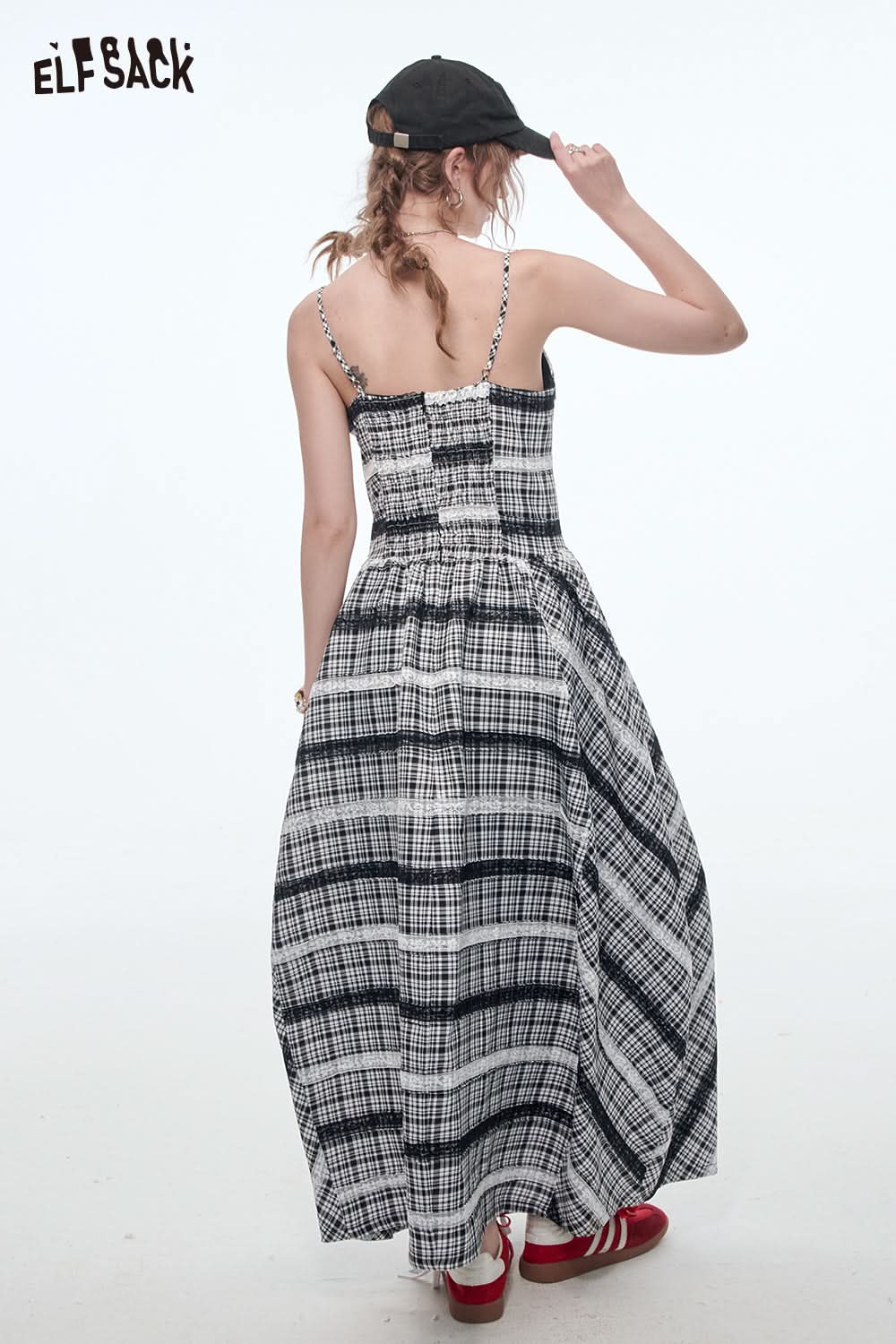 ELFSACK Casual Plaid Lace Splicing Suspender Dress Women Elegant Sleeveless Midi Dresses