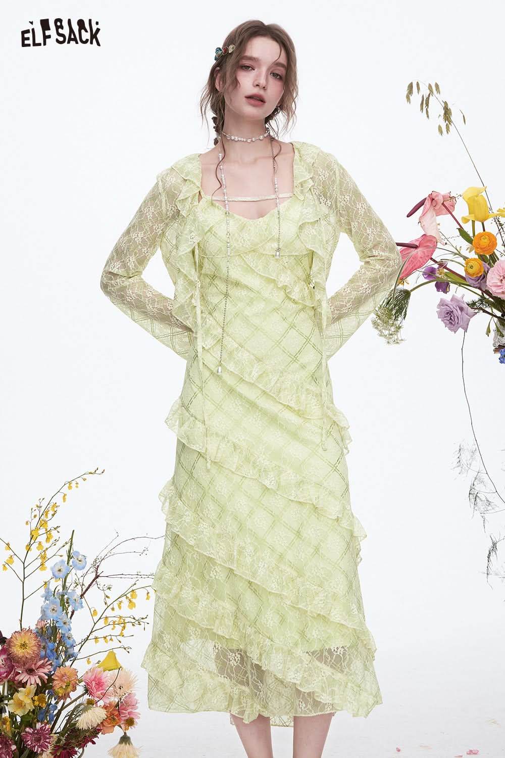 ELFSACK Ruffles Dress Lace Cardigan Slim Fit Elegant Vacation Long Dress Two-piece Set Female