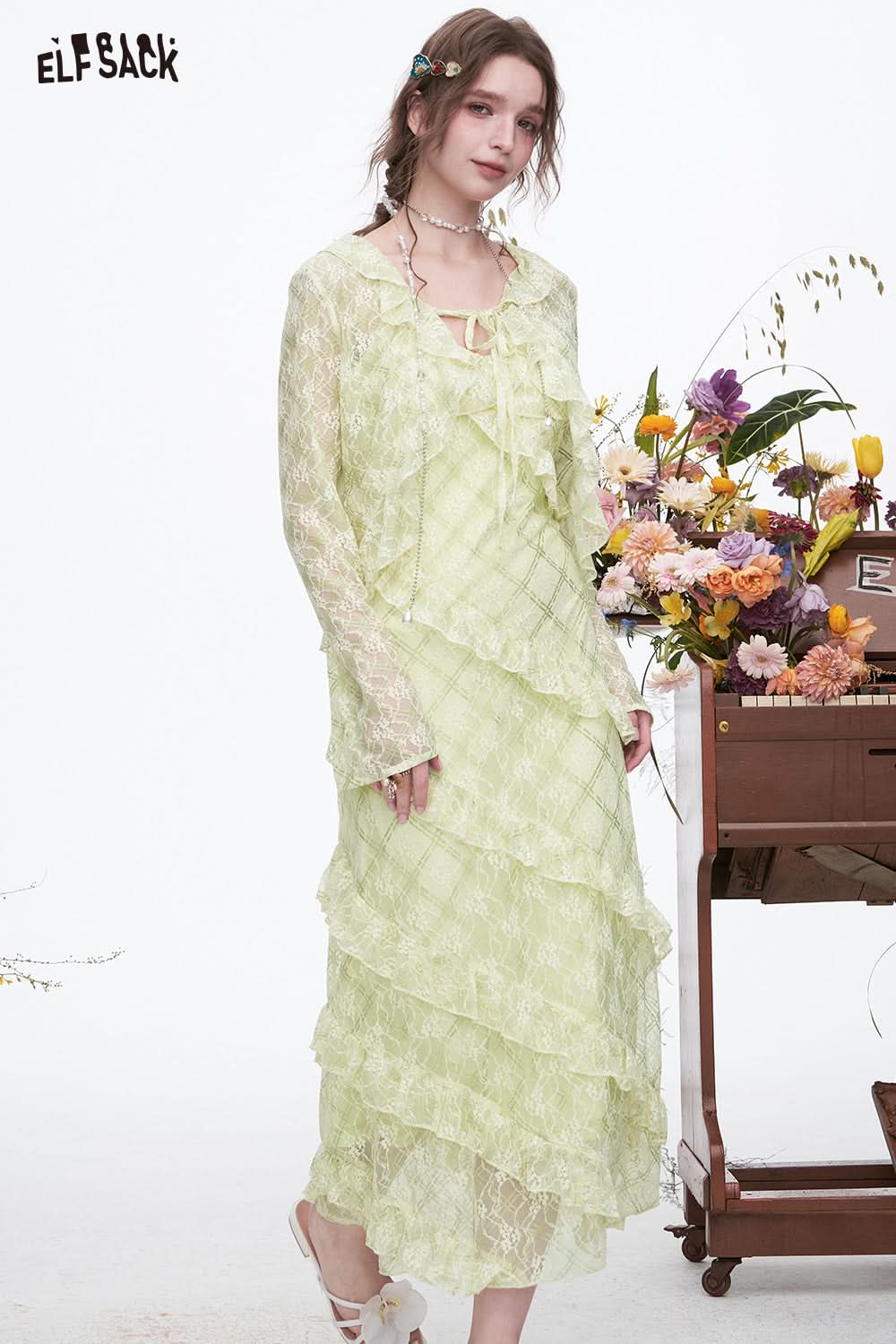 ELFSACK Ruffles Dress Lace Cardigan Slim Fit Elegant Vacation Long Dress Two-piece Set Female
