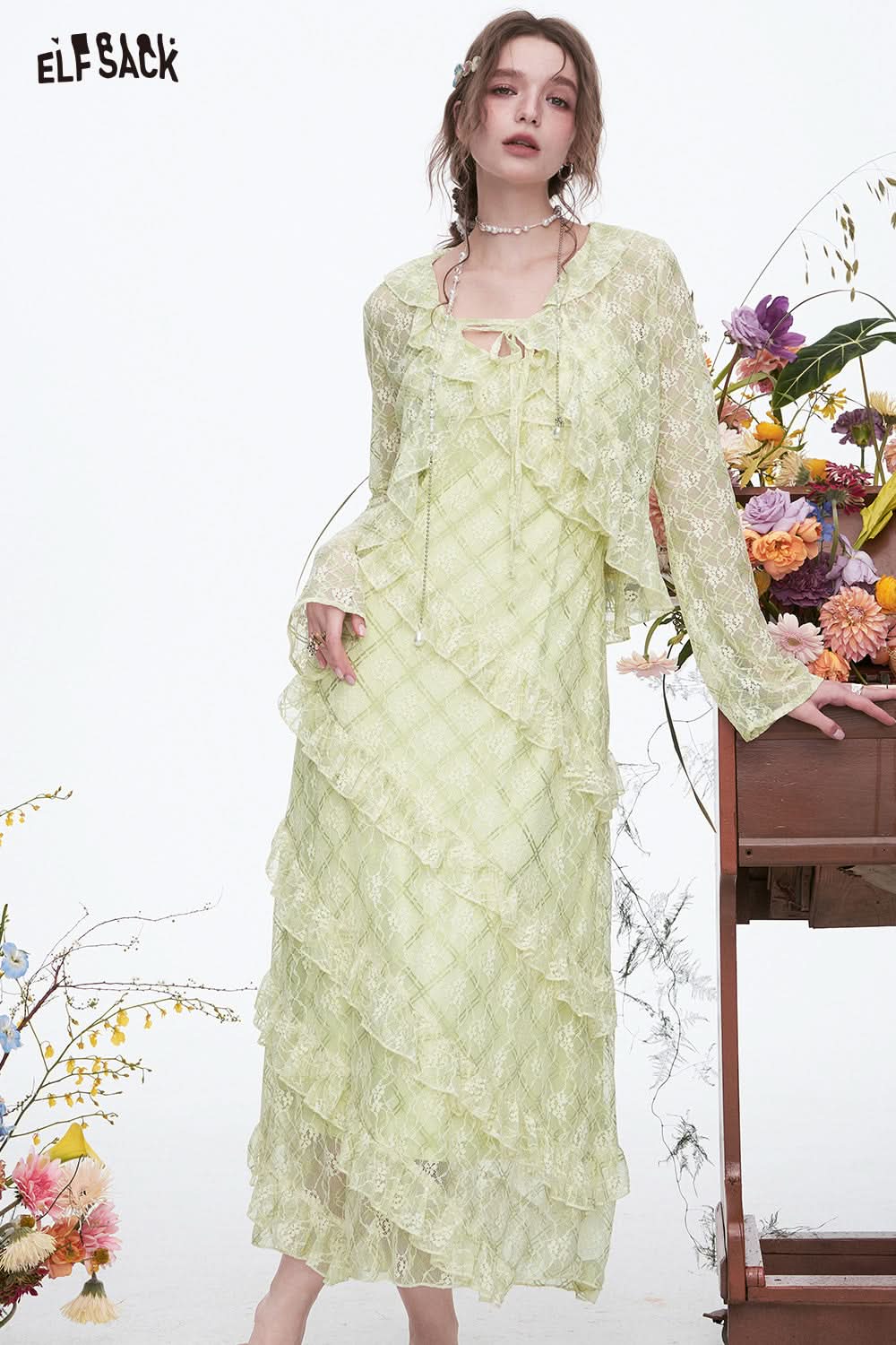 ELFSACK Ruffles Dress Lace Cardigan Slim Fit Elegant Vacation Long Dress Two-piece Set Female