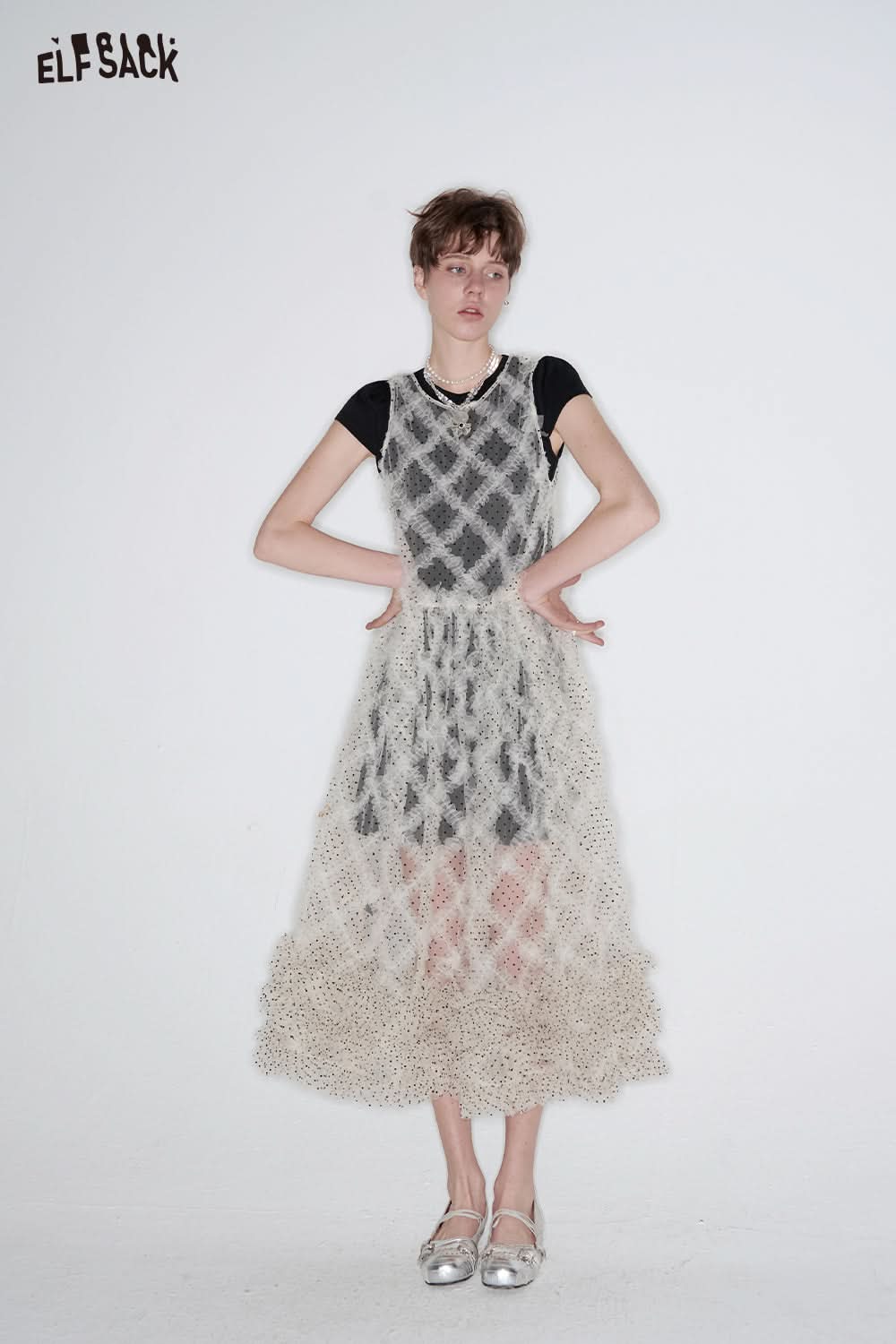 ELFSACK Multi-layered Ruffles Dots Mesh Dress Women Holiday Dress