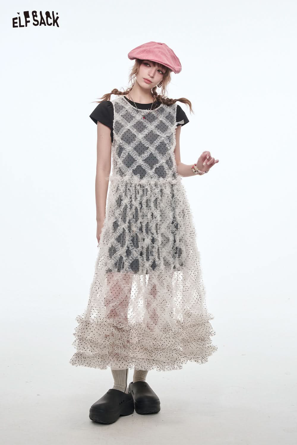 ELFSACK Multi-layered Ruffles Dots Mesh Dress Women Holiday Dress