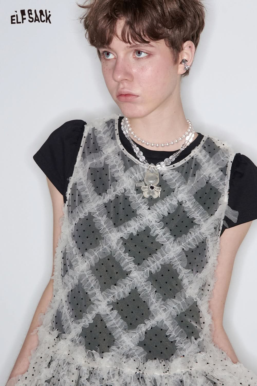 ELFSACK Multi-layered Ruffles Dots Mesh Dress Women Holiday Dress