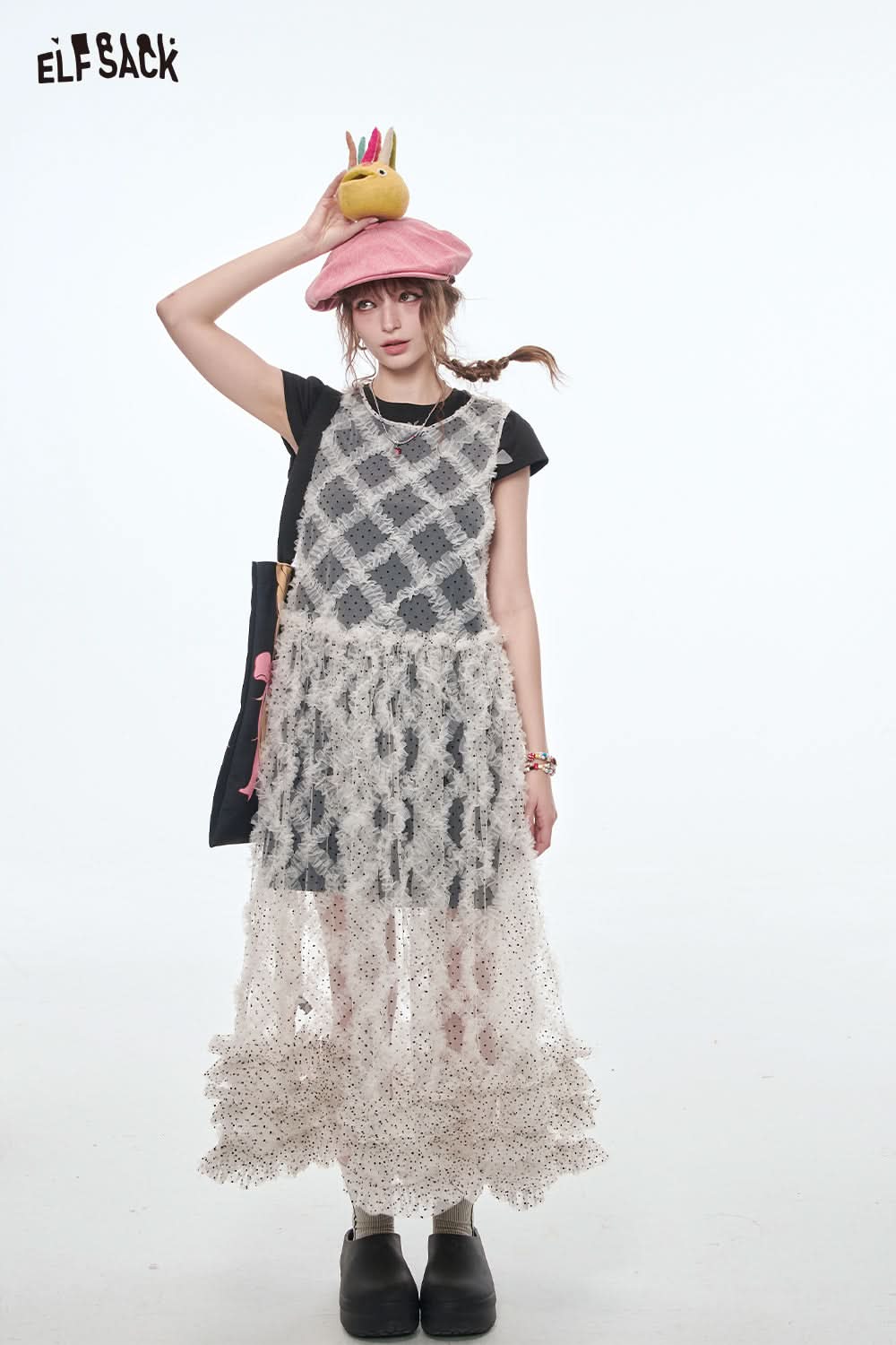 ELFSACK Multi-layered Ruffles Dots Mesh Dress Women Holiday Dress