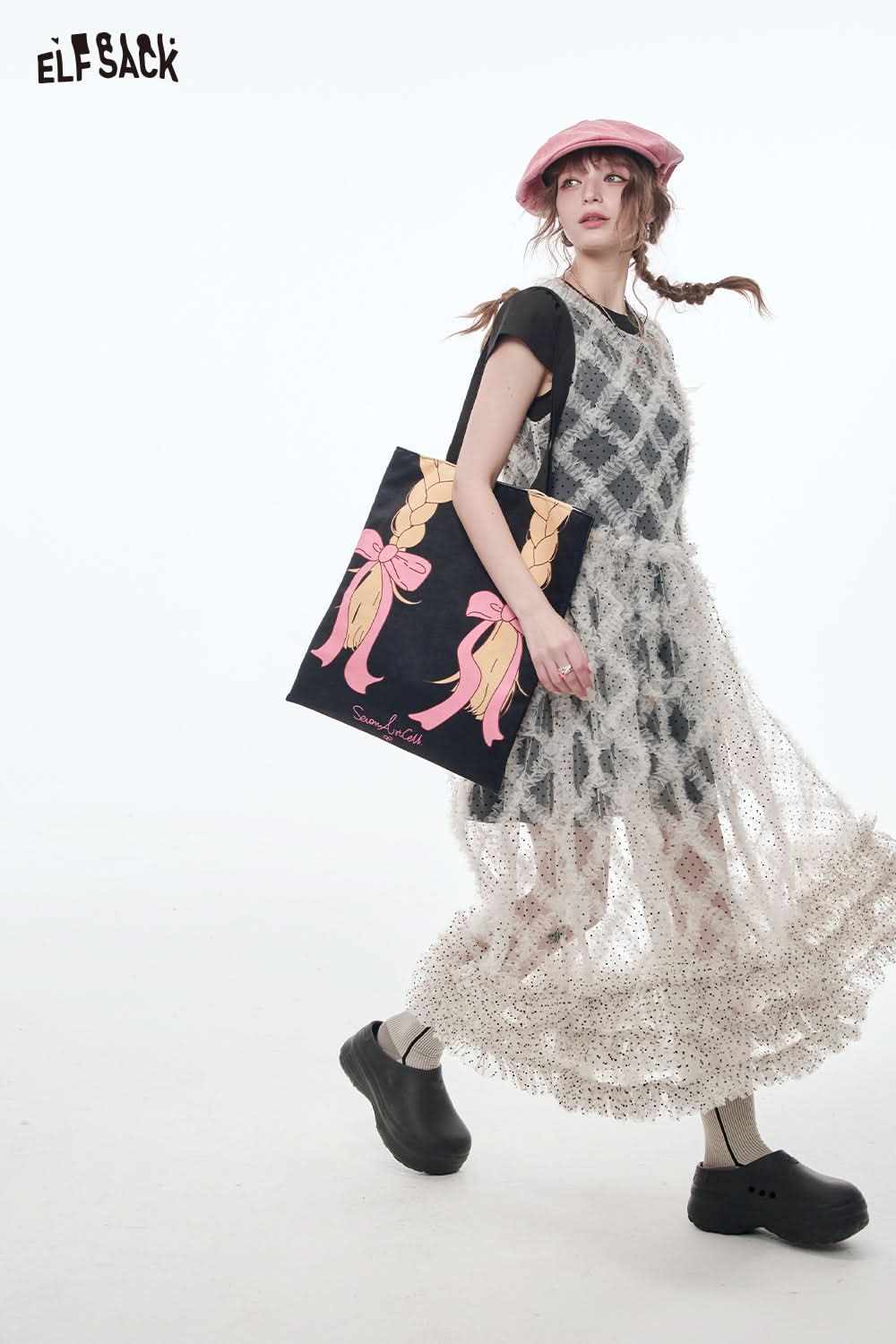 ELFSACK Multi-layered Ruffles Dots Mesh Dress Women Holiday Dress