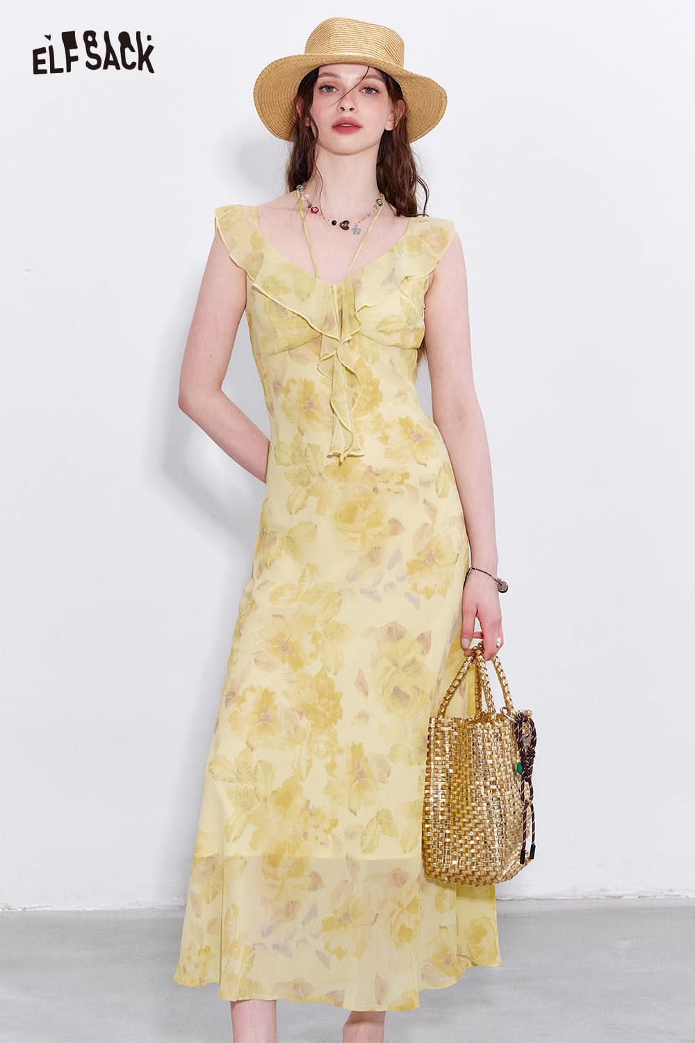ELFSACK Y2K Vacation V-neck Ruffle Yellow Floral Dress