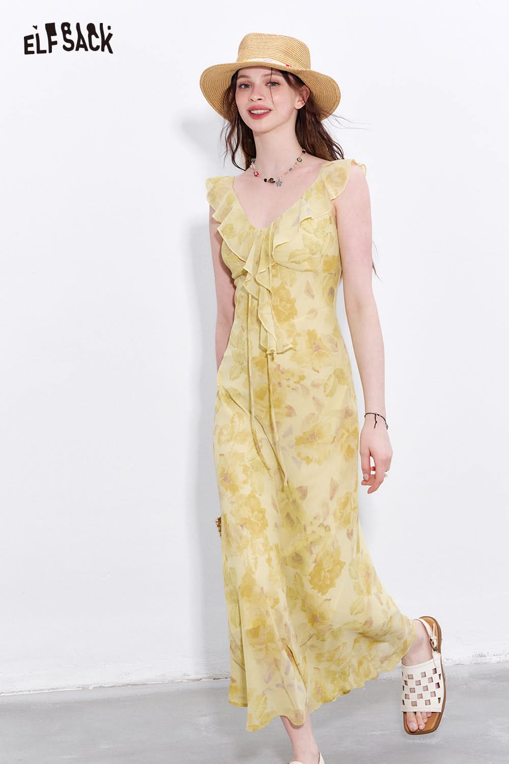 ELFSACK Y2K Vacation V-neck Ruffle Yellow Floral Dress