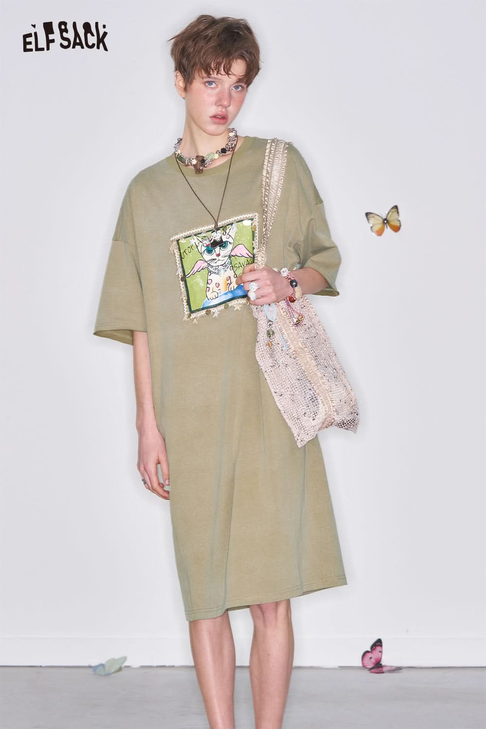 ELFSACK Y2K Cartoon Printed Short Sleeve T-Shirt Dress Women Loose Casual Long Dress