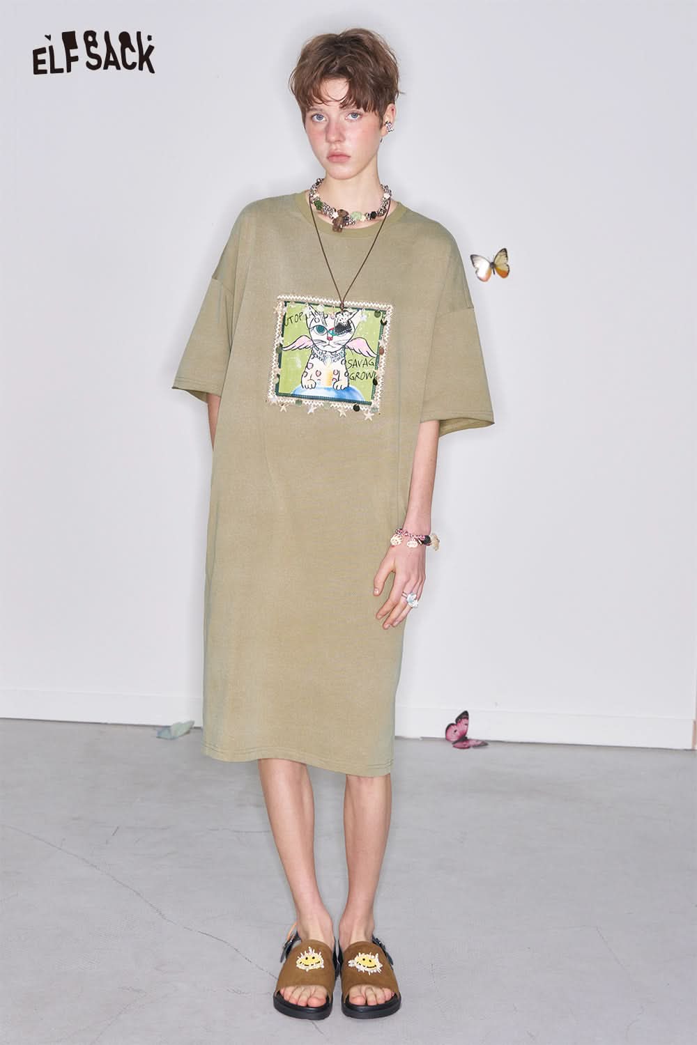 ELFSACK Y2K Cartoon Printed Short Sleeve T-Shirt Dress Women Loose Casual Long Dress