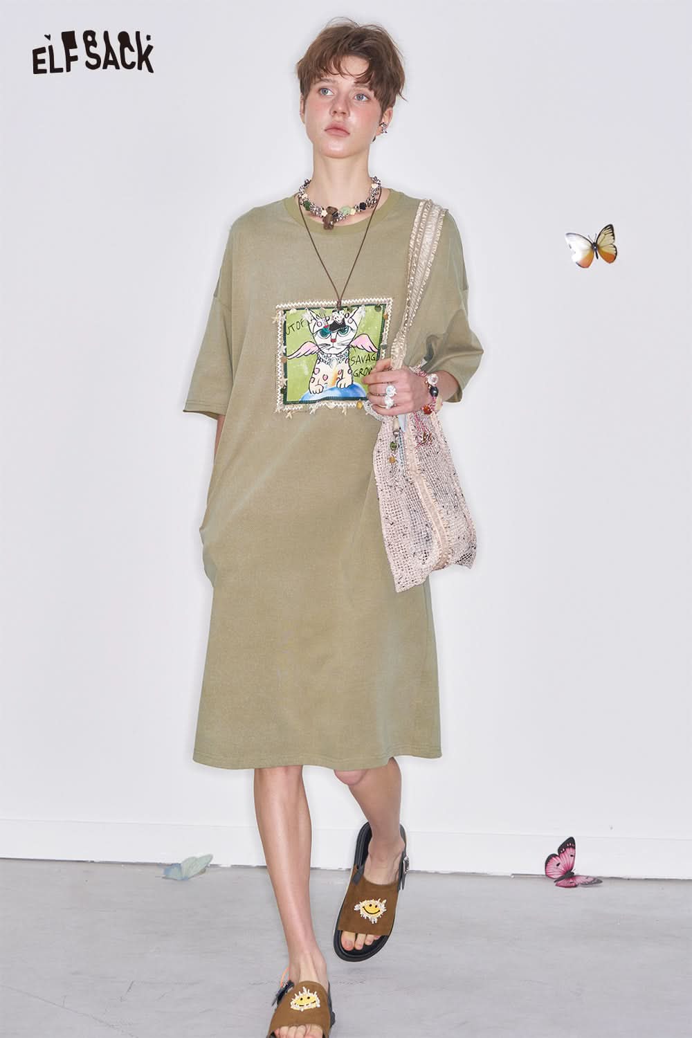 ELFSACK Y2K Cartoon Printed Short Sleeve T-Shirt Dress Women Loose Casual Long Dress