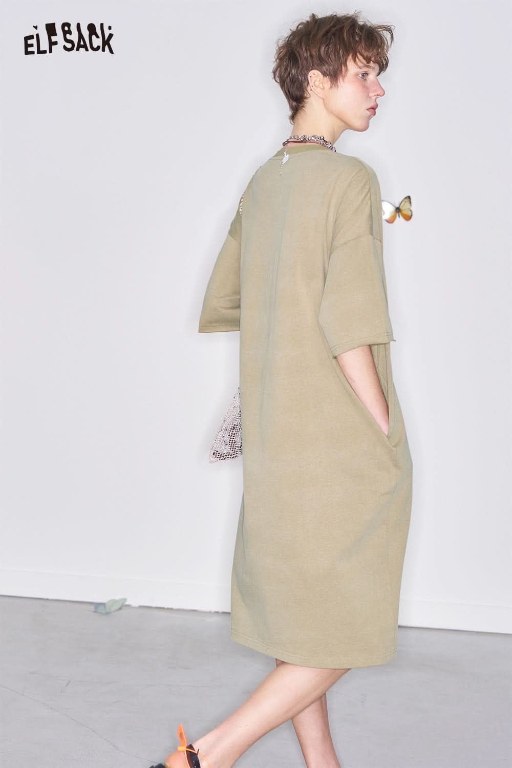 ELFSACK Y2K Cartoon Printed Short Sleeve T-Shirt Dress Women Loose Casual Long Dress