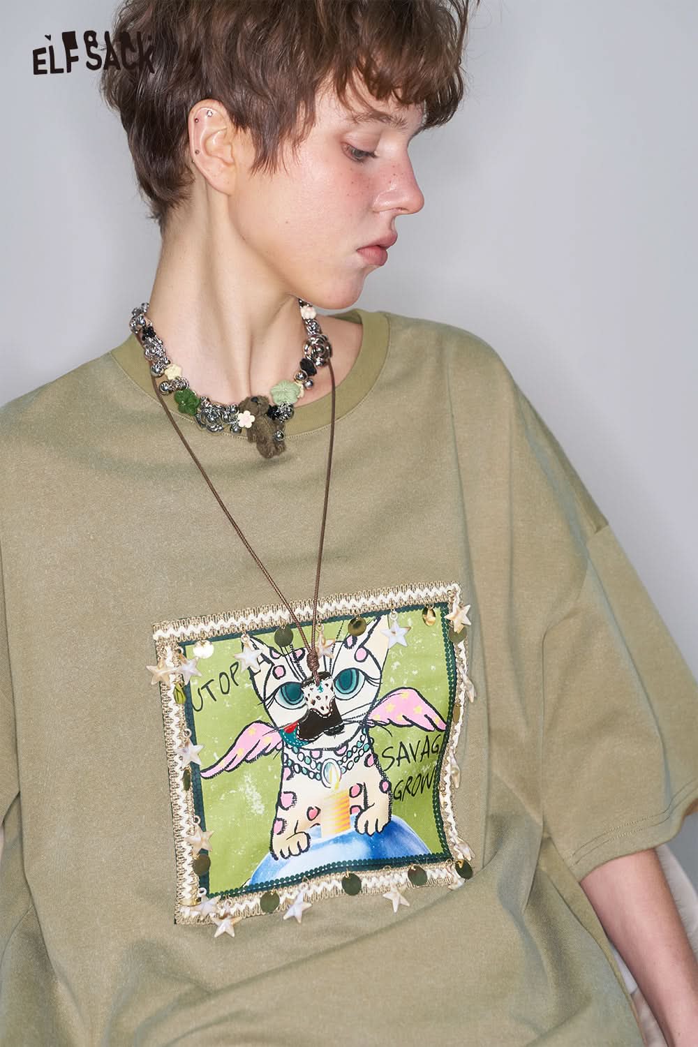 ELFSACK Y2K Cartoon Printed Short Sleeve T-Shirt Dress Women Loose Casual Long Dress