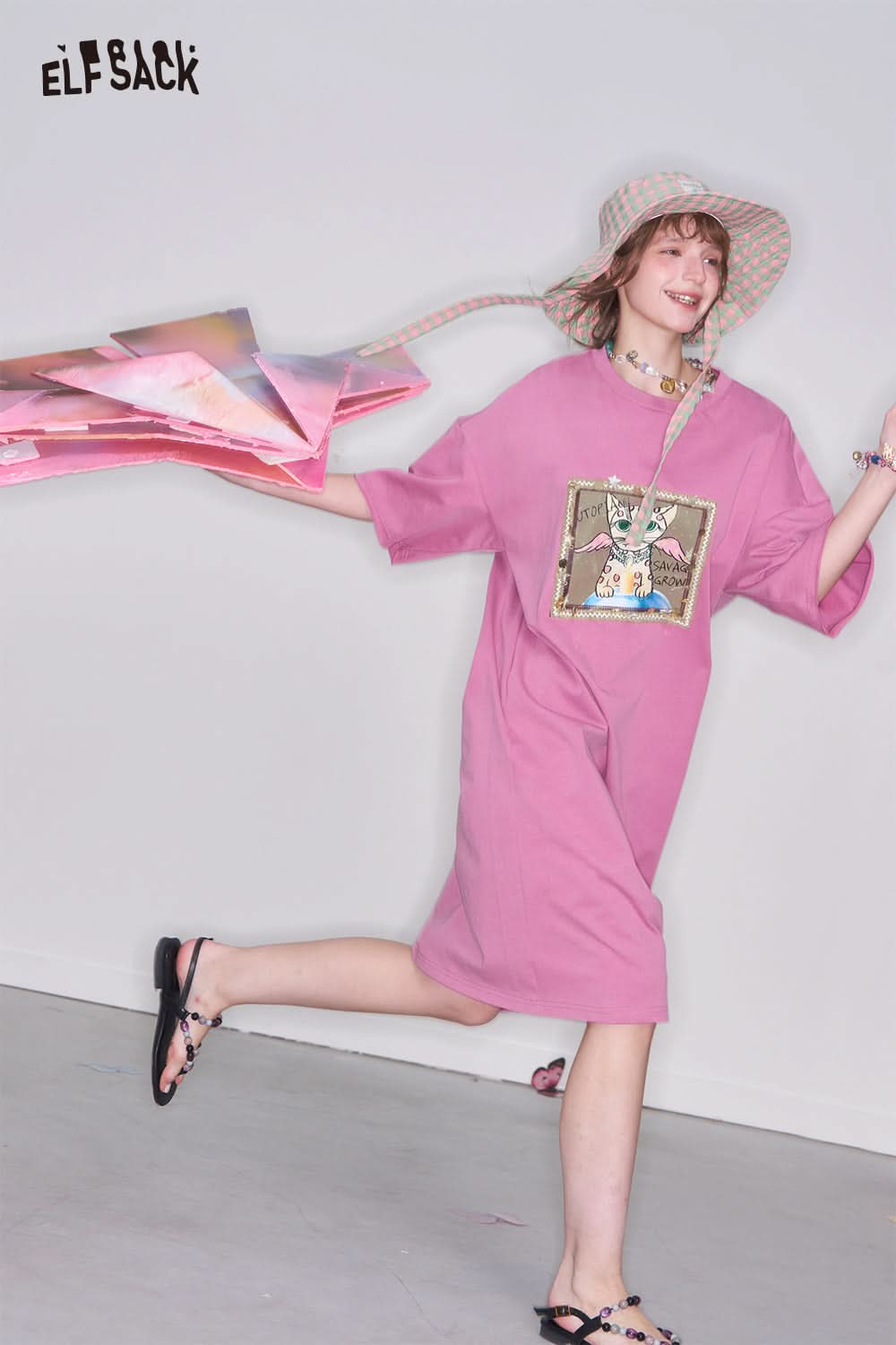 ELFSACK Y2K Cartoon Printed Short Sleeve T-Shirt Dress Women Loose Casual Long Dress