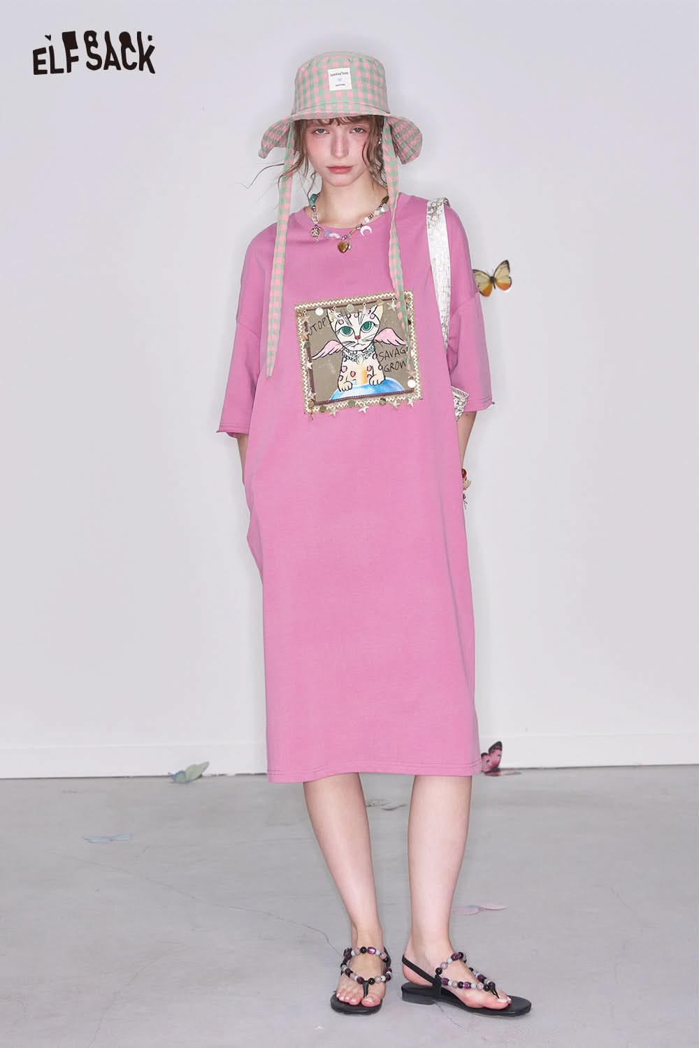 ELFSACK Y2K Cartoon Printed Short Sleeve T-Shirt Dress Women Loose Casual Long Dress