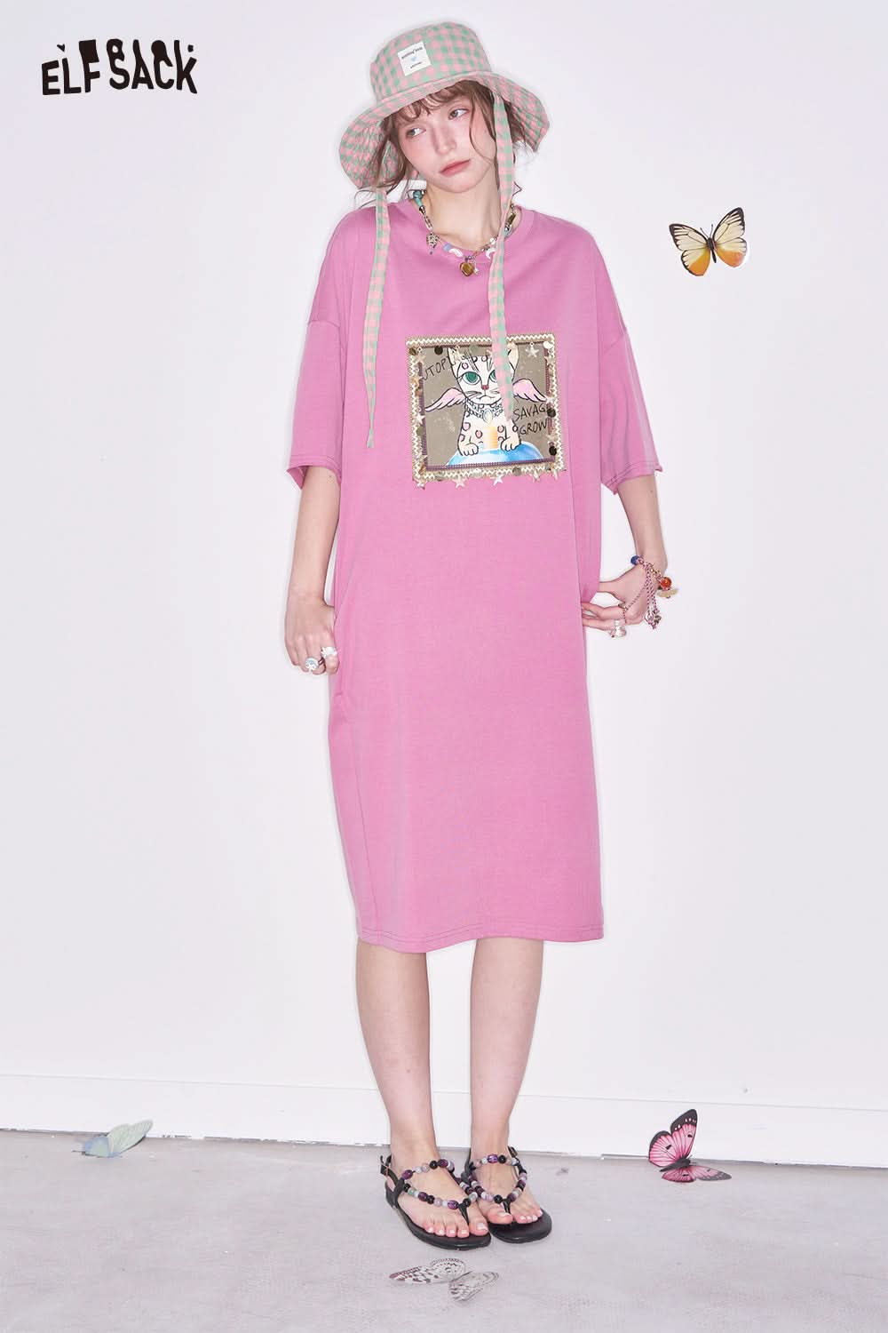 ELFSACK Y2K Cartoon Printed Short Sleeve T-Shirt Dress Women Loose Casual Long Dress