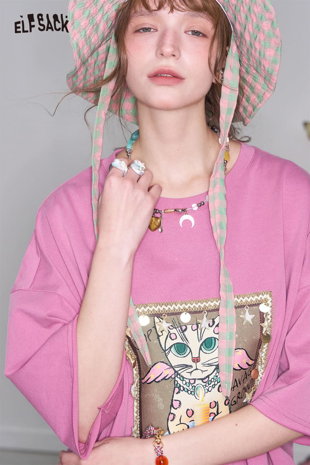 ELFSACK Y2K Cartoon Printed Short Sleeve T-Shirt Dress Women Loose Casual Long Dress