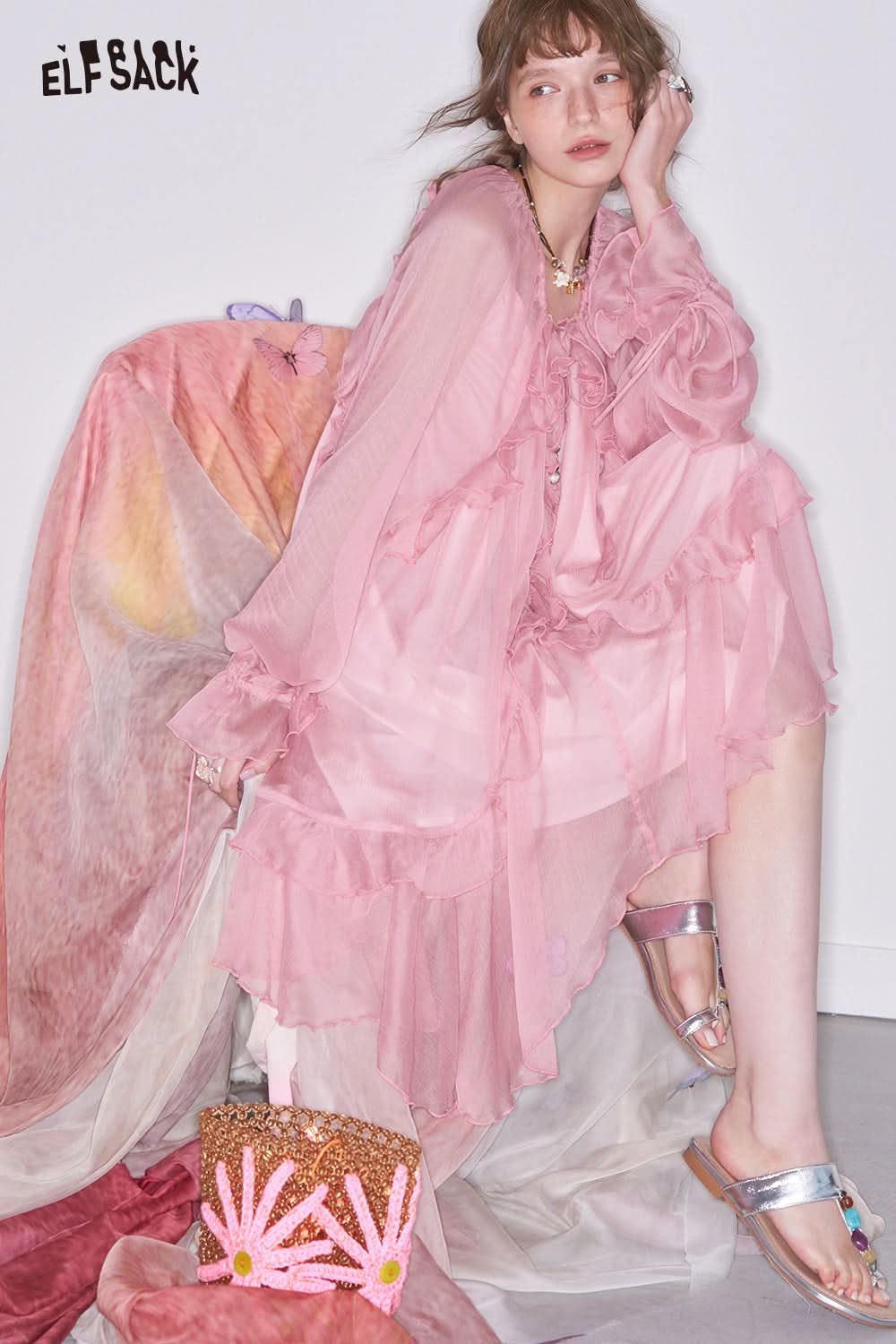 ELFSACK Y2K Ruffle Pink Thin Dress Suspenders Two-piece Set Female